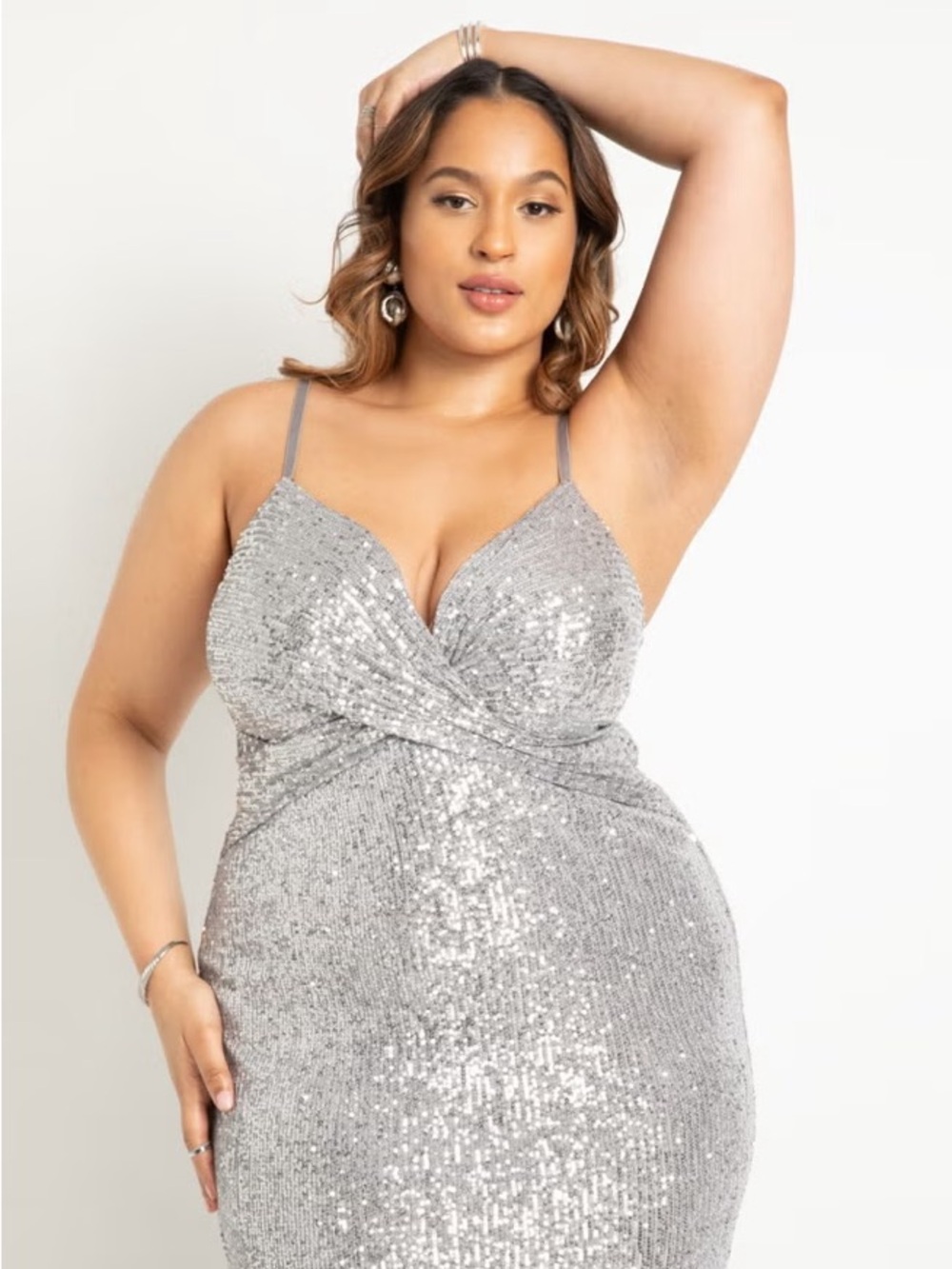Eloquii Silver Sequin Draped Evening Dress